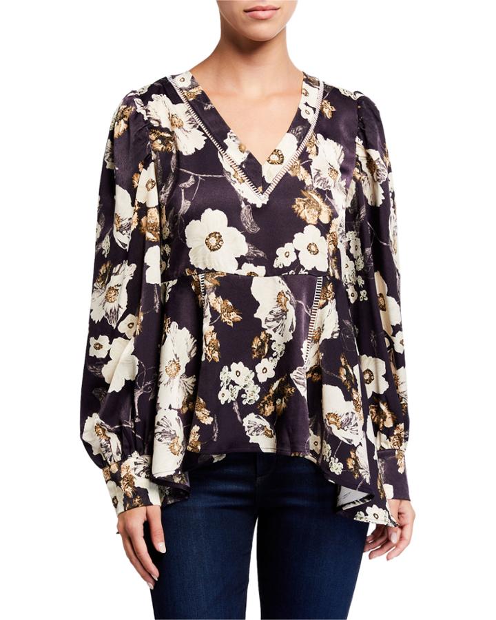 Floral V-neck Lace Inset Bishop