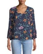 3/4-sleeve Pleated-cuff Floral Blouse