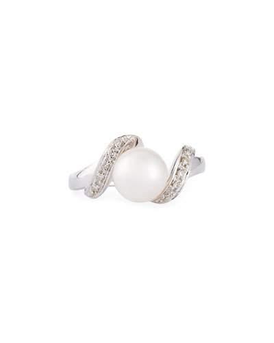14k White Freshwater Pearl & Diamond Ribbon Ring,