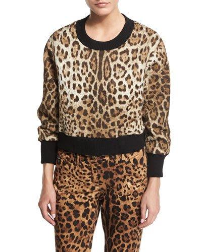 Leopard-print Top With Knit Collar & Cuffs