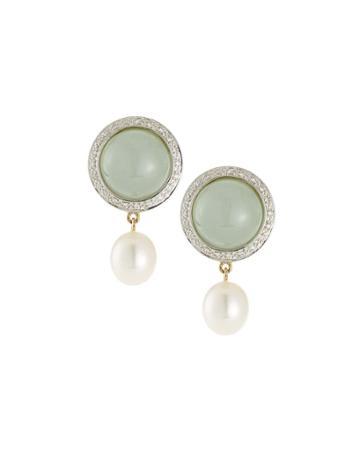 18k Aquamarine, White Pearl And Diamond Earrings
