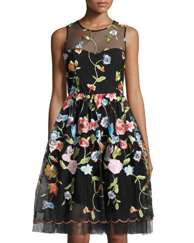 Fit-and-flare Embroidered Dress, Black/multi