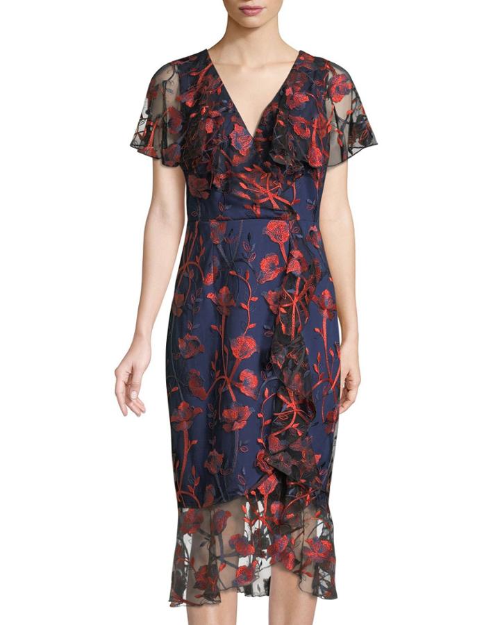 Embroidered Ruffled Cocktail Dress