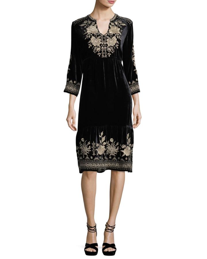 Magdalene 3/4-sleeve Embroidered Velvet Dress