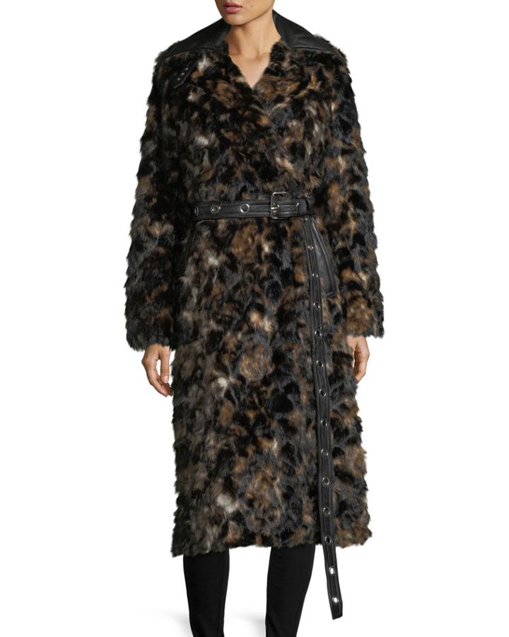 Tortoise Faux-fur Shawl-collar Belted Coat W/ Faux-leather Trim