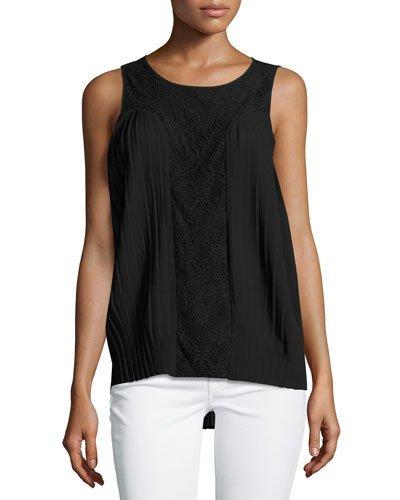 Pleated Lace-panel Blouse, Onyx