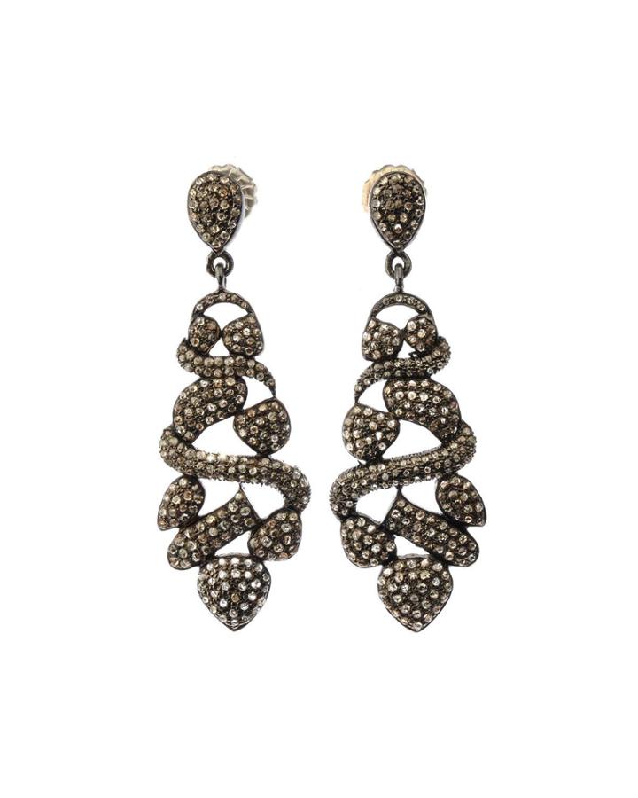 Black Silver Sculptural Drop Earrings With Champagne Diamonds