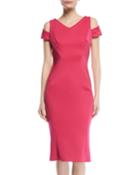 V-neck Cutout-shoulder Bonded Crepe Sheath Cocktail Dress
