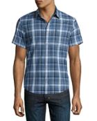 Short-sleeve Dobby Plaid Shirt, Dark Blue