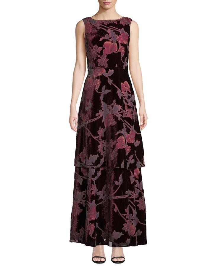 Velvet Burnout Tiered Evening Gown