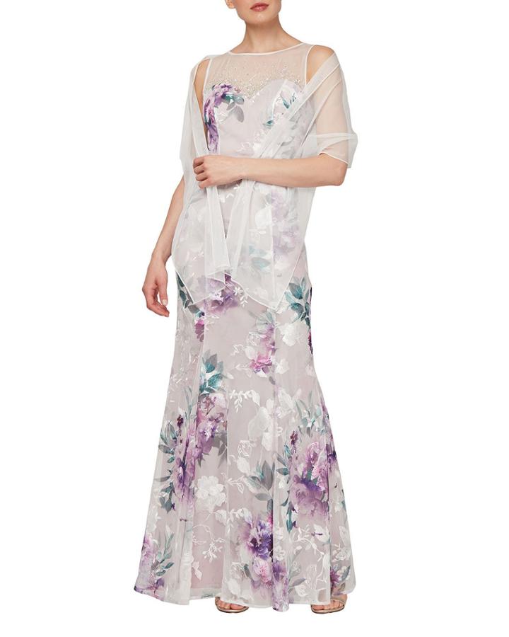 High-neck Floral-embroidered Sleeveless Column Gown