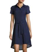 Shadow-striped Belted Shirtdress, Navy