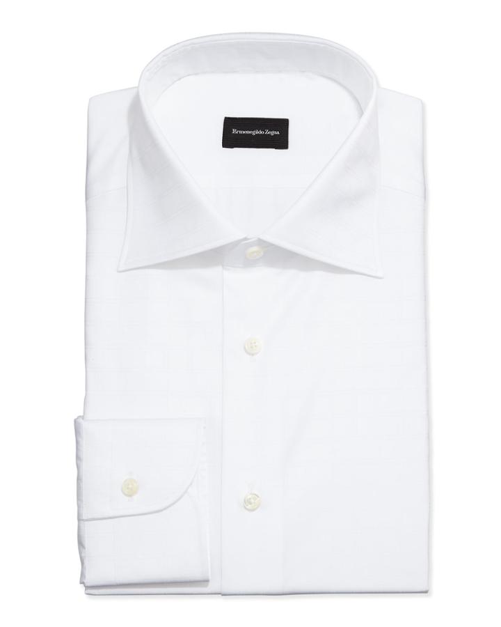 Ermenegildo Zegna White-on-white Box Check Dress Shirt, White, Men's,