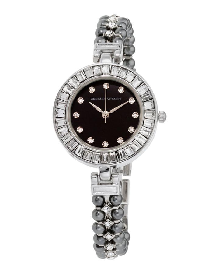 30mm Crystal Watch W/ Pearly Strap, Black/steel