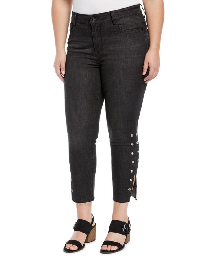 Side-slit Grommet-trim Skinny Ankle Jeans,