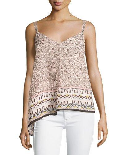 Printed Strappy-shoulder V-neck Top, Anemone
