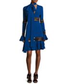 Long-sleeve Lace-inset Cocktail Dress With Necktie, Pansy