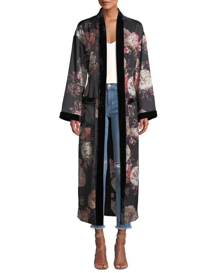 Donna Velvet-trim Floral Charmeuse Robe