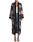 Donna Velvet-trim Floral Charmeuse Robe
