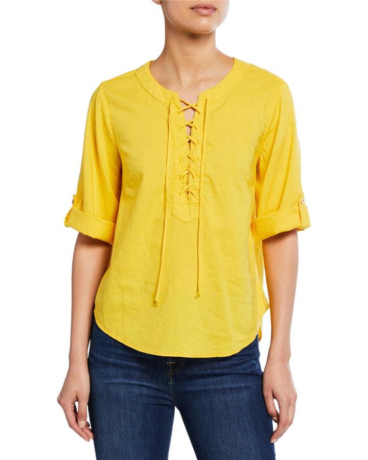 Rolled Tab-sleeve Lace-up Pullover