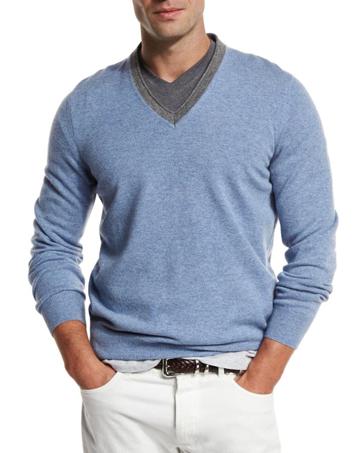 Men's Contrast V-neck Cashmere