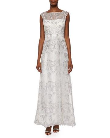 Sleeveless Metallic Embroidered Organza Gown