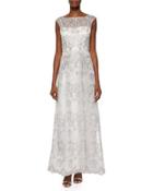 Sleeveless Metallic Embroidered Organza Gown