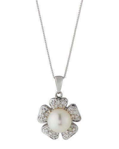 14k Freshwater Pearl & Diamond Flower Pendant Necklace