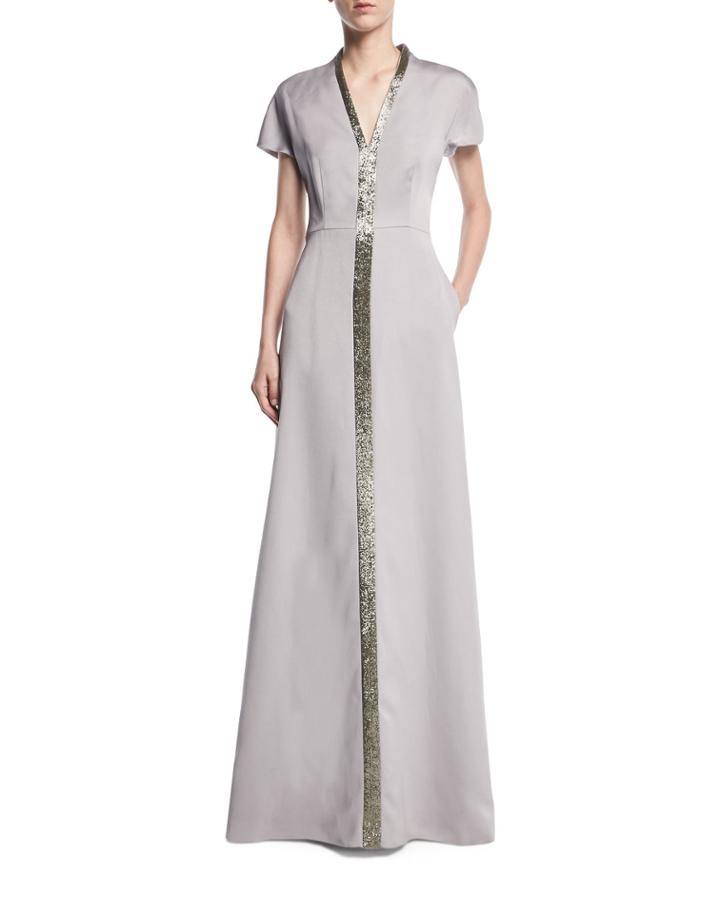 Duchesse Satin Beaded V-neck Gown