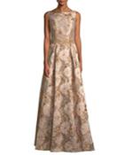 Long Metallic-brocade Evening Gown