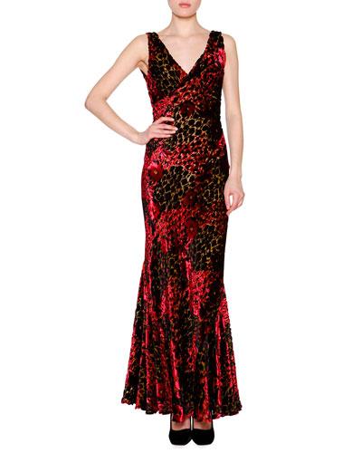Sleeveless Velvet Devore Gown, Red/multi