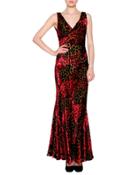 Sleeveless Velvet Devore Gown, Red/multi
