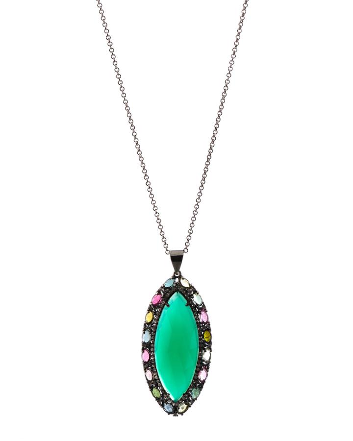 Silver Marquise Pendant Necklace With Green Onyx, Tourmaline & Diamonds,
