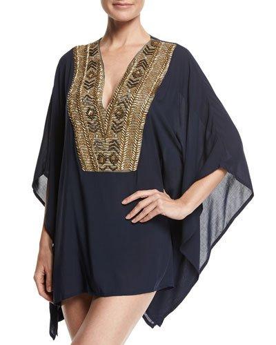 Abyssal Embroidered Poncho, Blue Pattern