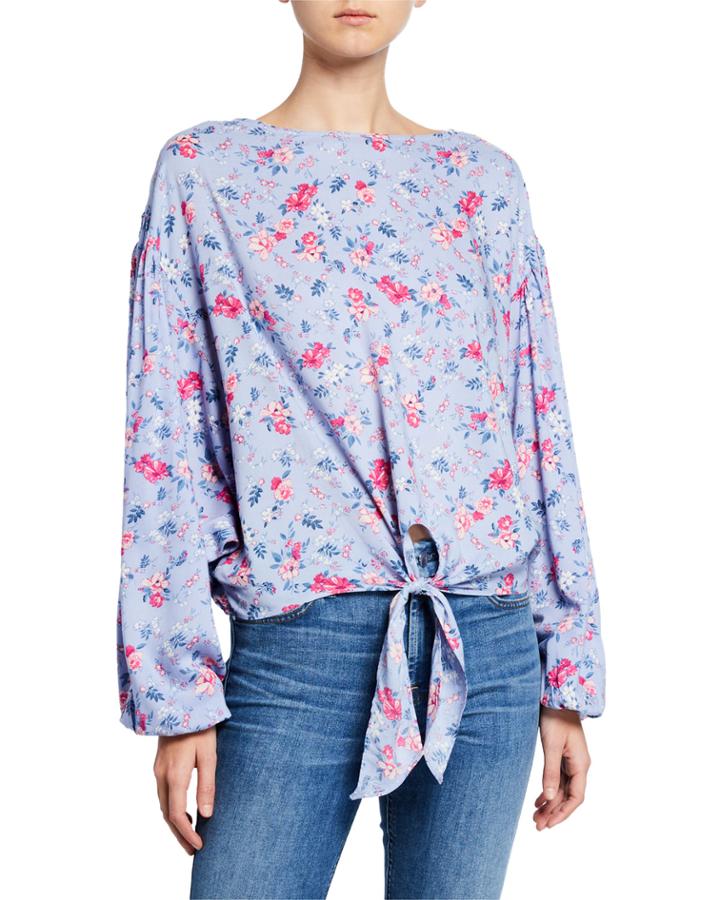 Erin Drop-shoulder Floral Tie-front Blouse