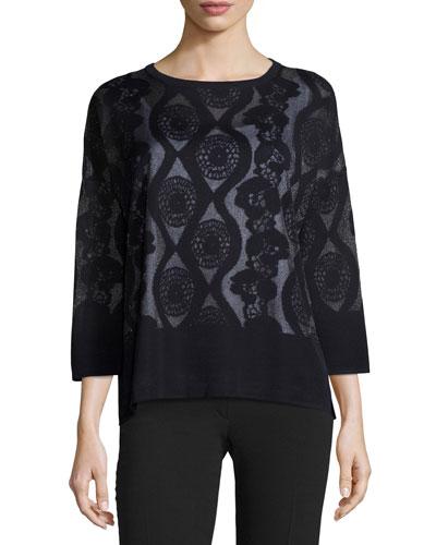 3/4-sleeve Medallion-print Top, Navy/black