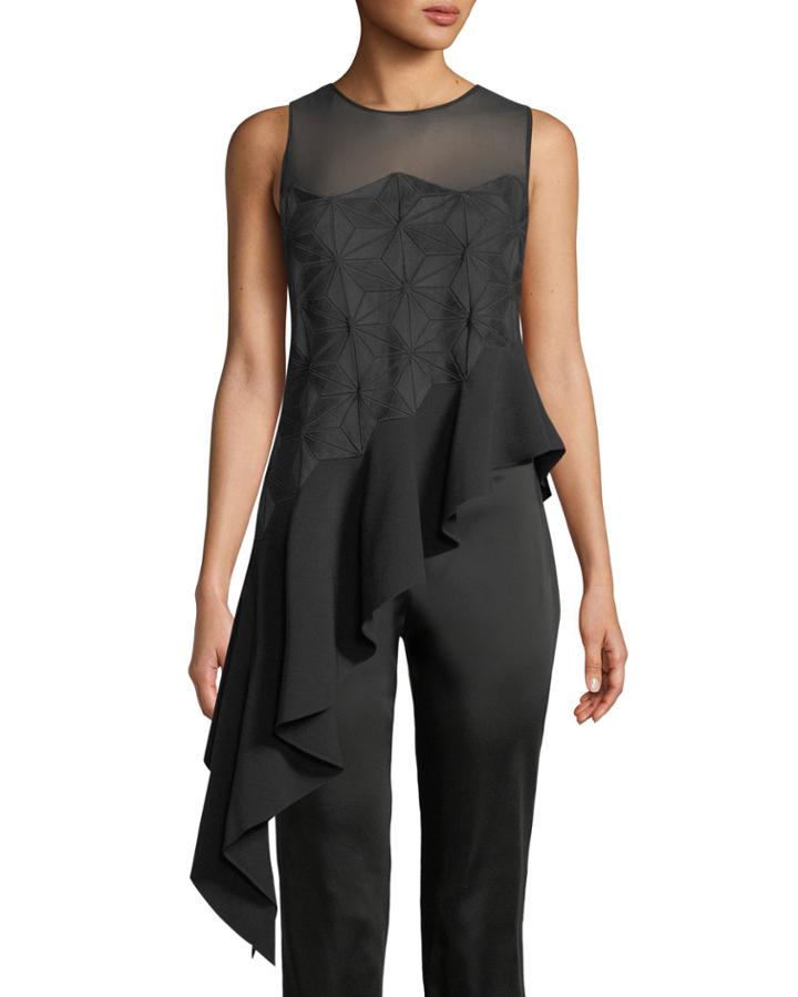 Adel Mesh-yoke Sleeveless Asymmetric-drape Blouse