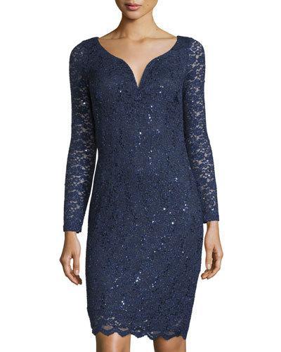 Sequined Lace Long-sleeve Dress, Navy