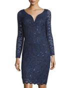 Sequined Lace Long-sleeve Dress, Navy