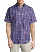 Plaid Short-sleeve Sport Shirt, Navy/red