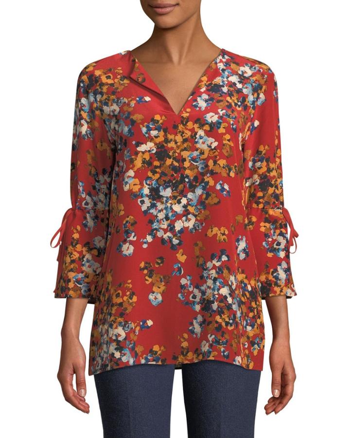 Sela Drawstring-sleeve Expressionist Azalea-print