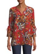 Sela Drawstring-sleeve Expressionist Azalea-print