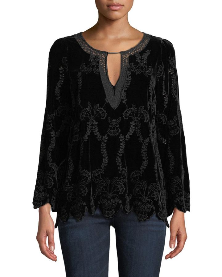 Long-sleeve Embroidered Velvet Blouse