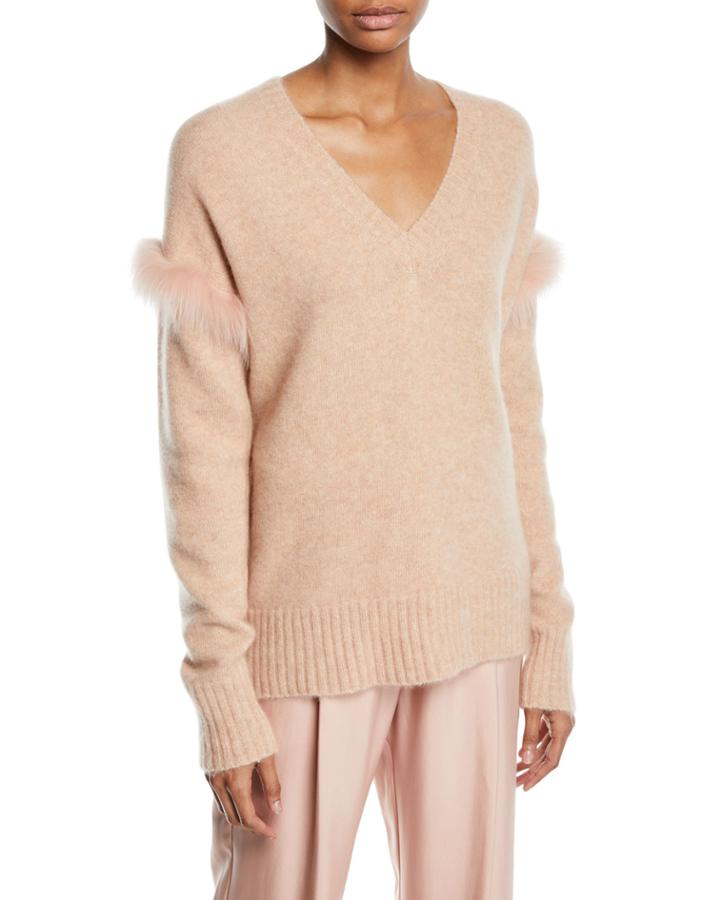 Fox-fur Trim V-neck Cashmere-silk Pullover