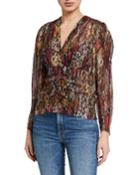 Ruched-sleeve V-neck Snake-print Top