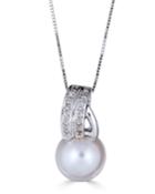 Elegant 14k White Gold Diamond-bale Pearl Pendant Necklace