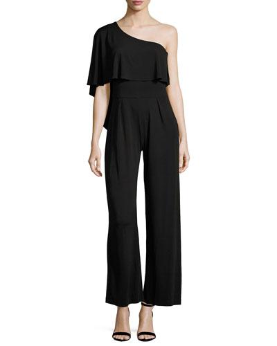 Leigha Asymmetric Popover Jumpsuit, Black
