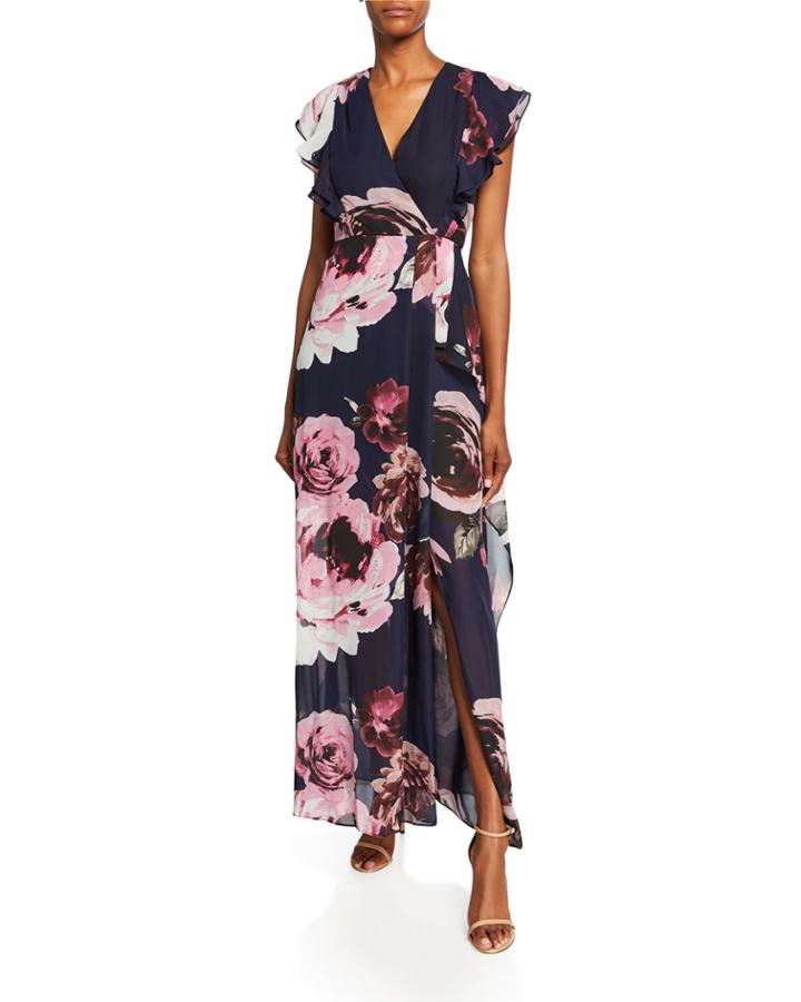 Floral Flutter-sleeve Chiffon Gown