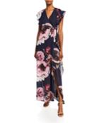 Floral Flutter-sleeve Chiffon Gown