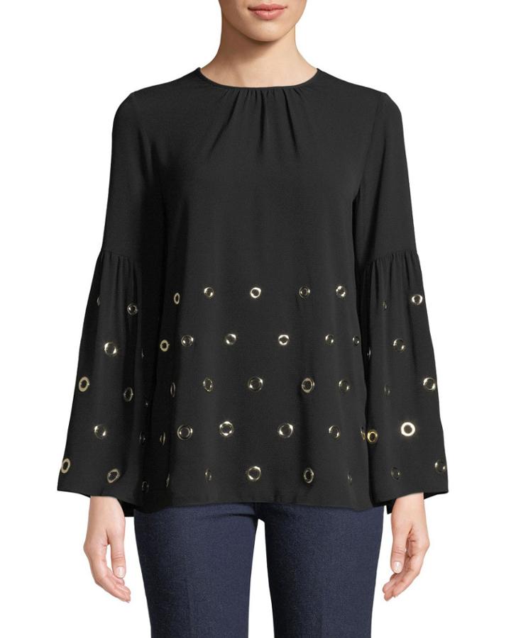 Bell-sleeve Grommet-trim Blouse
